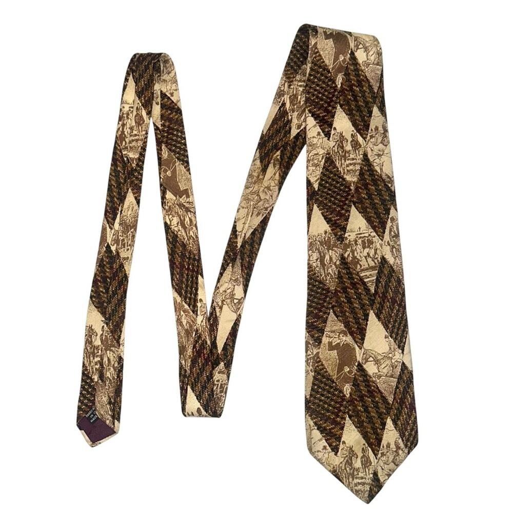 Christian Dior Monsieur Plaid Horseman Hunting Print Silk Brown Vintage Tie